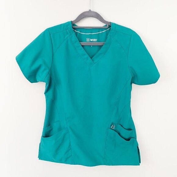 5/$25 WonderWink W123 v-neck teal dual pocket fitted stretch scrub top - Small - Picture 1 of 8